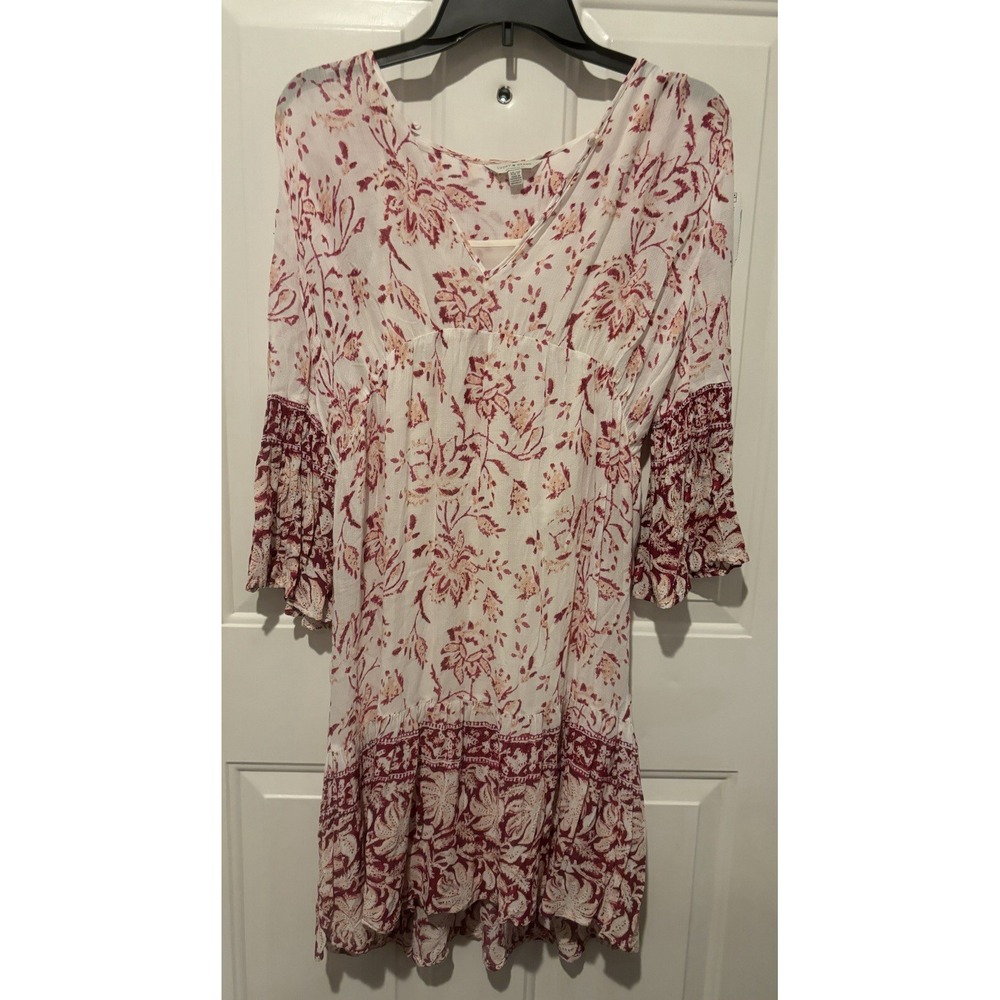 Lucky Brand Dress Border Print Boho Peasant White Marroon Bell-Sleeved CS Women